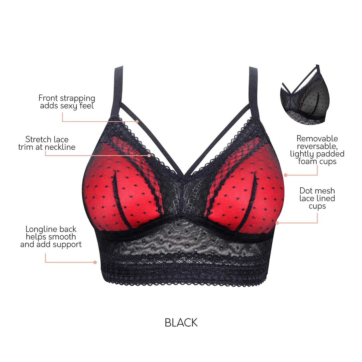 Parfait Mia Dot Wire-Free Padded Mesh Bralette Black & Red